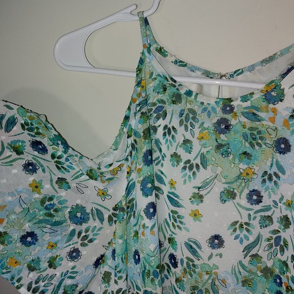 Donna Morgan Cold Shoulder Ruffle Maxi Dress Size 10 Floral Print White Green - Picture 3 of 8